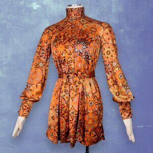 Vintage 60s 70s Mini Short Dress Long Sleeves Fall Colors Mandala Print XS